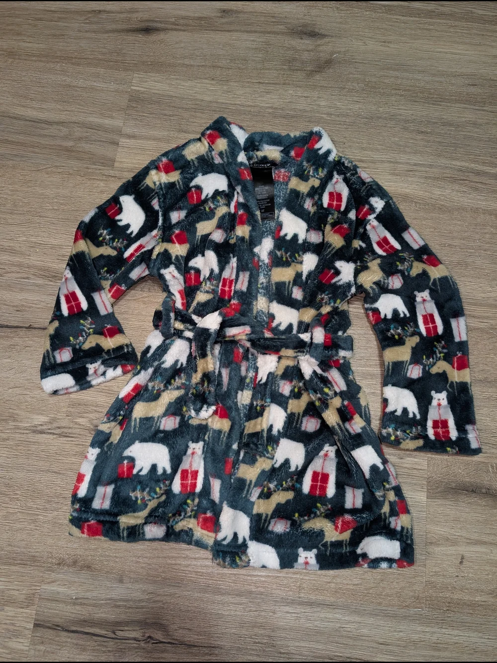 Joe Boxer Kids 3T Plush Polar Bear Winter Robe Dark Green White Red Tan